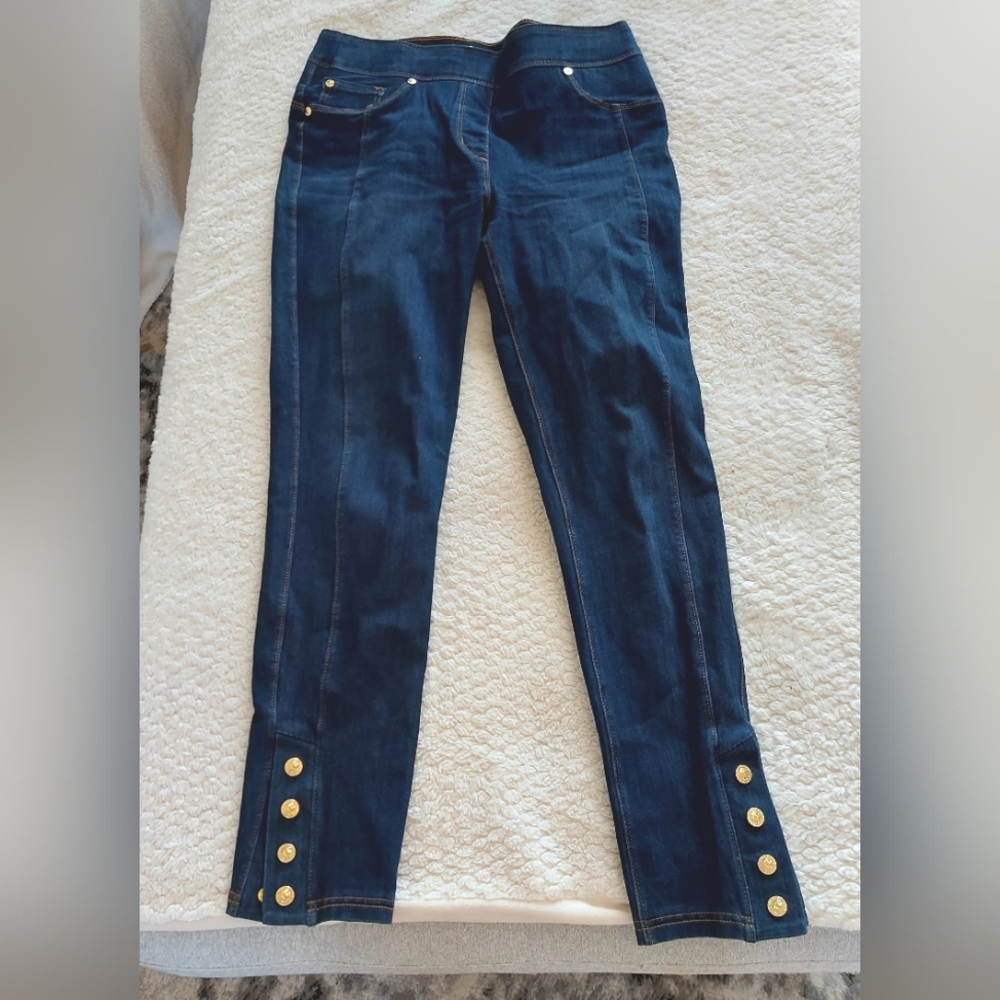 Designer Form Fitting Jeans with Gold Button Accents